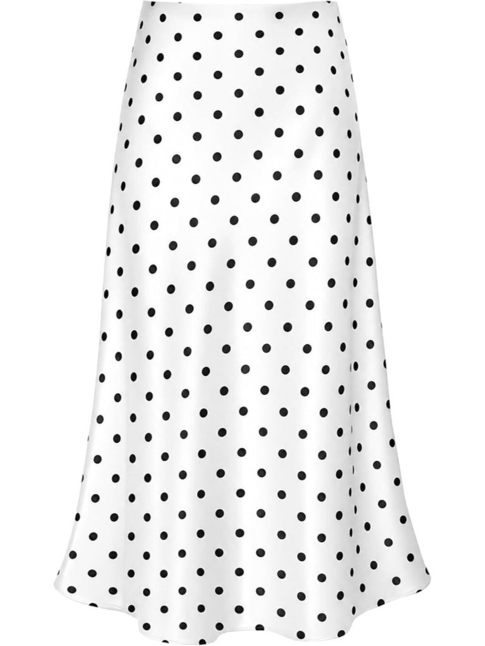 Women White Polka Dot Polyster And Elastane High Waisted A Line Satin Midi Skirt
